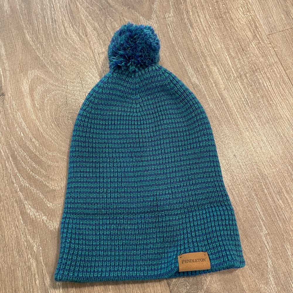Pendleton Knit Pom-Pom Beanie Blue Green Solid One Size Women’s Winter Hat